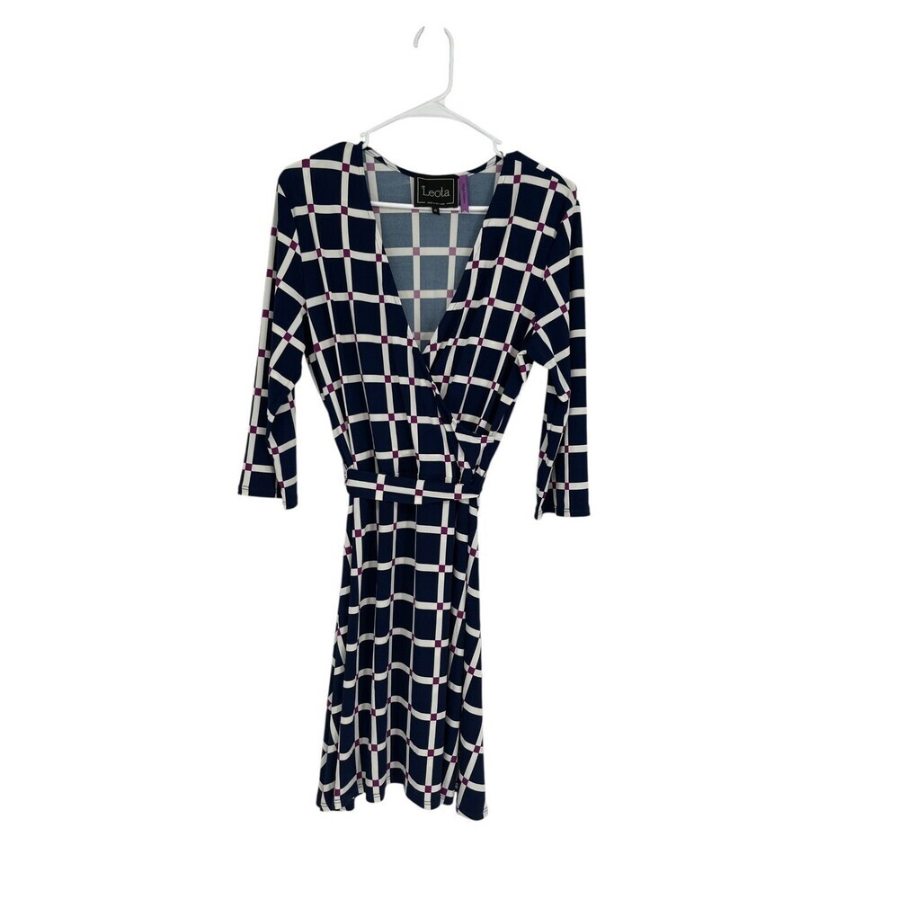 Leota Dress Women's Size Extra Large Navy Windowpane Faux Wrap Stretch Career